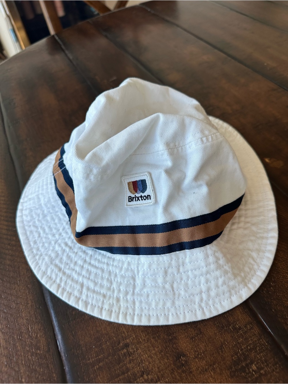 Brixton White Bucket Hat with Navy & Brown Stripes S/M
